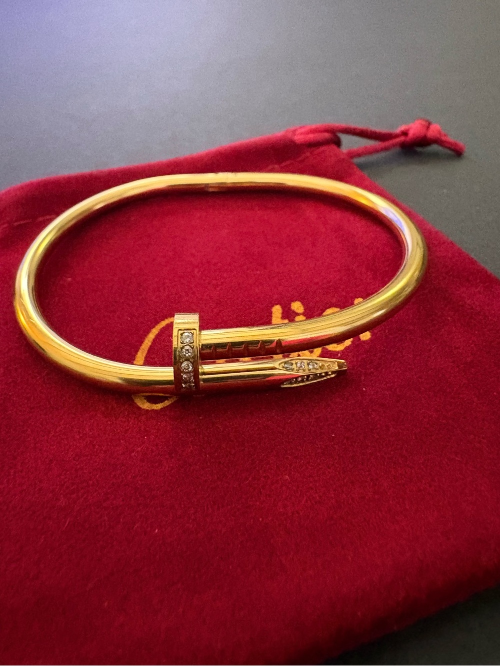 Stainless Steel Gold Nail Bangle Bracelet Rhinestones Sz 19cm